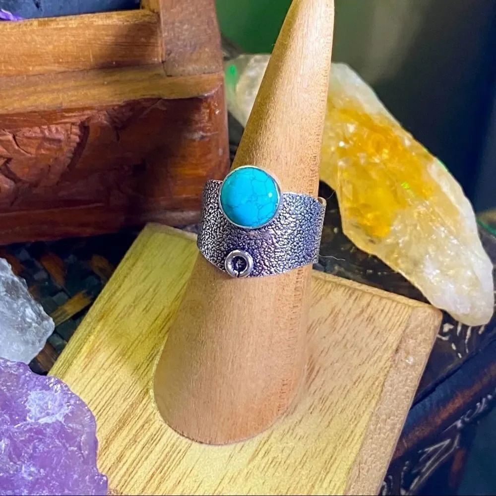 Natural Turquoise Wide Band Sterling Silver Ring Size 8